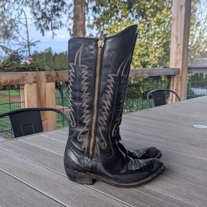 Black Leather Cowboy Boots with Zipper